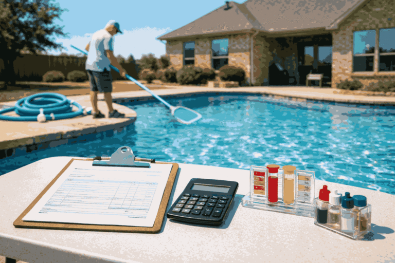 pool service cost per month - pool service in Farmers Branch TX - cost of weekly pool cleaning weekly pool service cost pool maintenance cost DFW - chlorine shock for weekly pool treatment