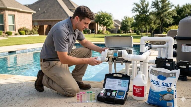 pool renovation, pool resurfacing near me, pool restoration services - cost of weekly pool cleaning weekly pool service cost pool maintenance cost DFW - chlorine shock for weekly pool treatment - pool water test results understanding pool water test what do pool test numbers mean - pool chemical safety storing pool chemicals