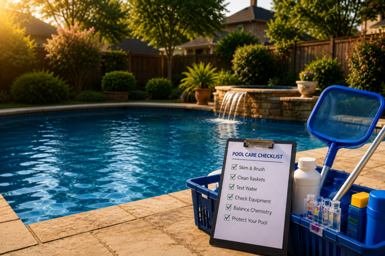 Plano pool cleaning, Plano pool service, pool maintenance Plano TX - pool service checklist, what does pool service include, weekly pool service tasks, professional pool cleaning checklist, pool service visit