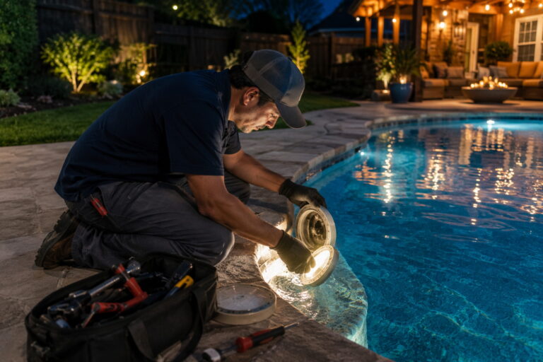 pool light repair, pool light bulb replacement, pool light replacement, pool electrical repair, pool LED light repair