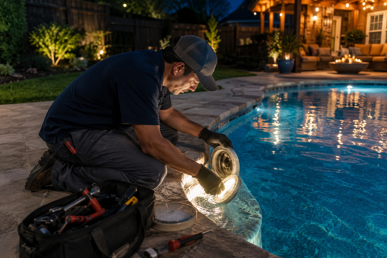 pool light repair, pool light bulb replacement, pool light replacement, pool electrical repair, pool LED light repair