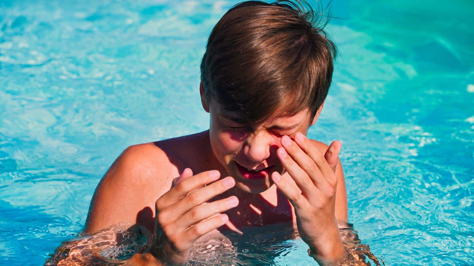 red eyes after swimming in pool, burning eyes after pool, pool water eye irritation, chloramines in pool, pool pH eye irritation