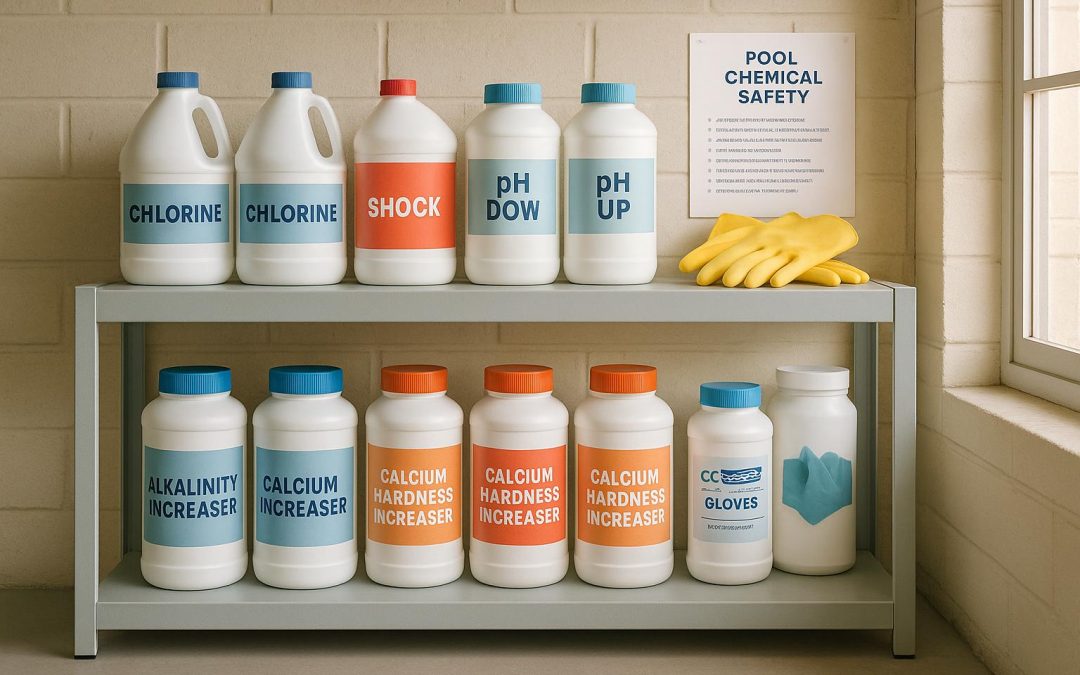 pool chemical storage safety, store pool chemicals safely, pool chlorine storage, muriatic acid storage, mixing pool chemicals, pool shed safety, pool chemical safety tips
