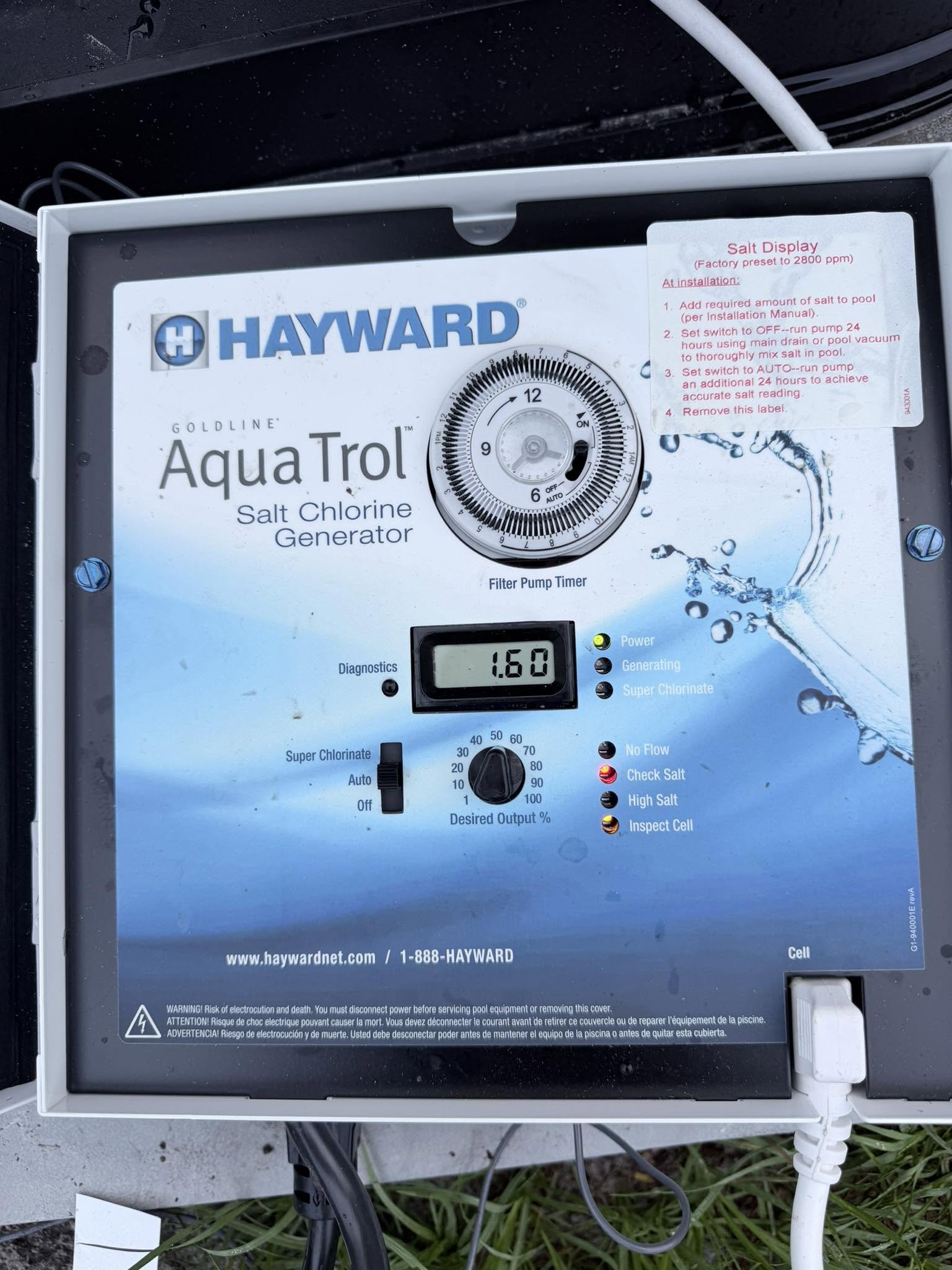 saltwater pool check cell light, check cell light salt pool, salt cell warning, salt chlorinator service light, salt cell cleaning frequency