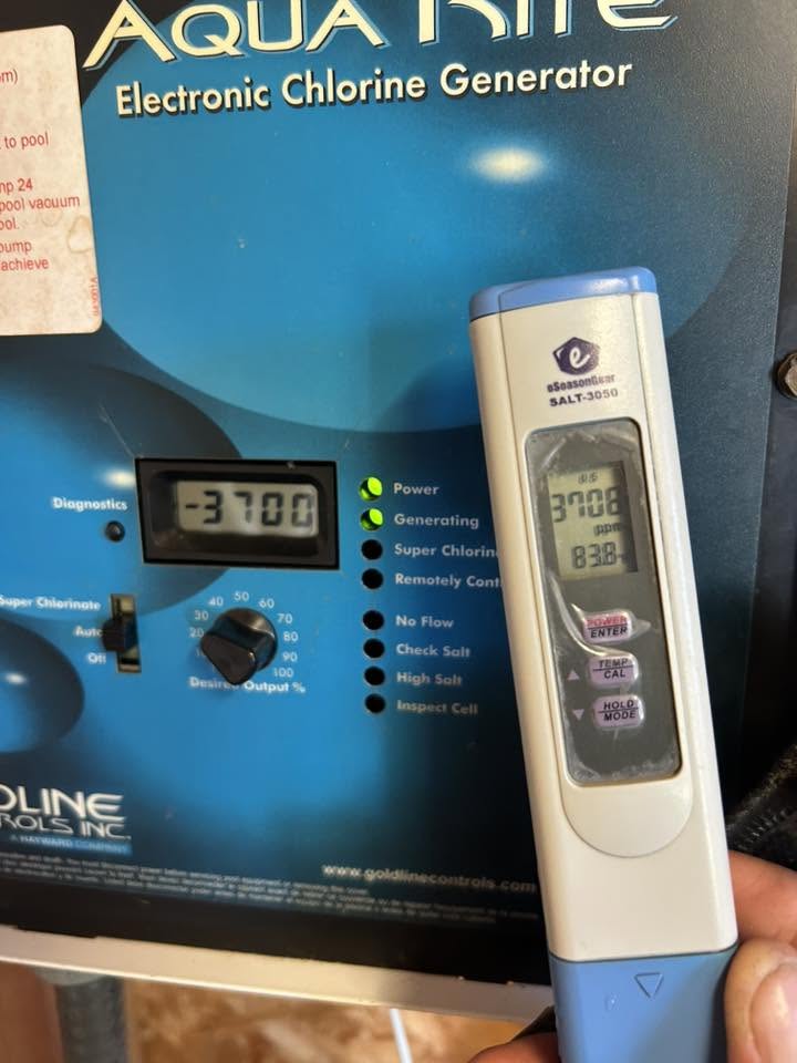 saltwater pool check cell light, check cell light salt pool, salt cell warning, salt chlorinator service light, salt cell cleaning frequency