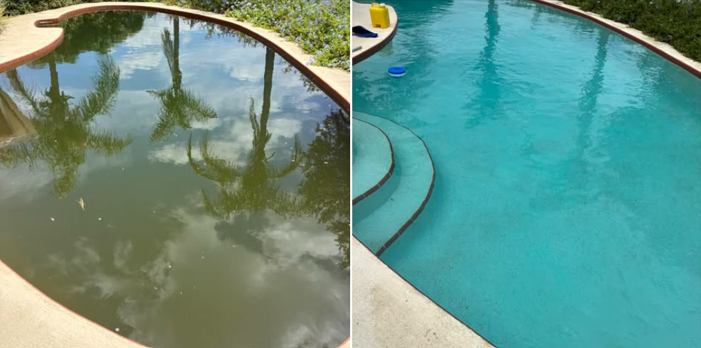 green pool after rain, pool turned green after rain, green pool water, rainwater pool algae, pool shock after rain